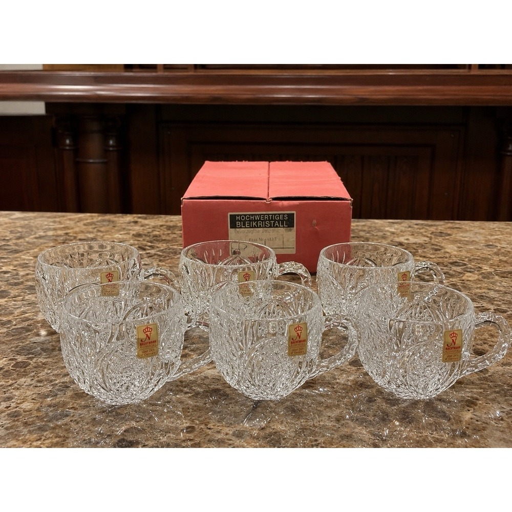 Vintage Barware Mid Century Crystal Pinwheel Etched Beer Mug Set W/ Original Box